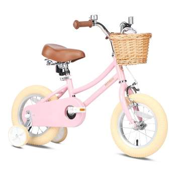 Petimini 14 Inch Steel Frame Child Bicycle with Wicket Basket, Handlebar Bell, Training Wheels, Adjustable Seat, and Parent Handle, Ages 3 to 5, Pink