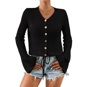 Coolmee Women's Crochet Cardigan Long Sleeve Open Front Button Down Trendy Casual Cropped Sweater - 1 of 4