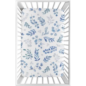 Sweet Jojo Designs Boy or Girl Gender Neutral Unisex Baby Fitted Mini Crib Sheet Botanical Leaf Blue and White - 1 of 4