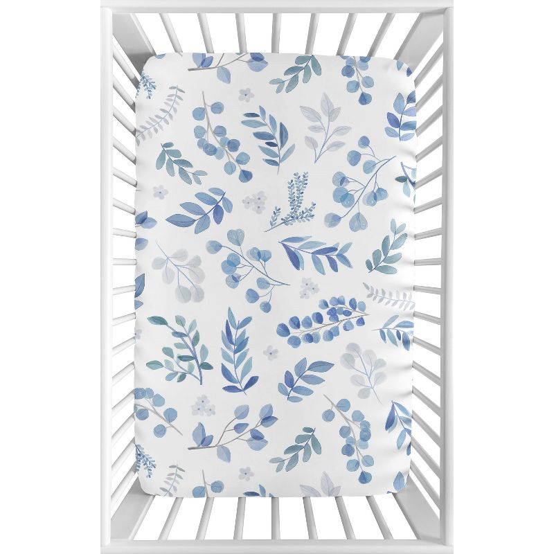 Sweet Jojo Designs Boy or Girl Gender Neutral Unisex Baby Fitted Mini Crib Sheet Botanical Leaf Blue and White, 1 of 6
