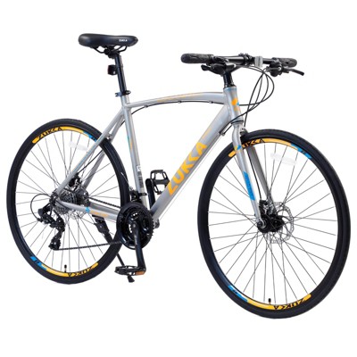 INFURNIC Bicycles 24 Speed Hybrid Road Bike with Disc Brakes and Aluminum Rims for City Riding, Silver, 67.32"*14.56"*39.37"
