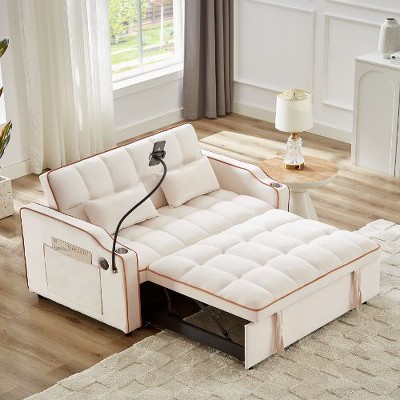 CAVINAS Modern Sofa Velvet Pull-Out Bed, Foldable Sofa Bed, Adjustable Back and with USB Port and Ashtray and Swivel Phone Stand