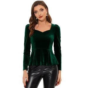 INSPIRE CHIC Women's Elegant Sweetheart Neck Long Sleeve Velvet Peplum Top - 1 of 4