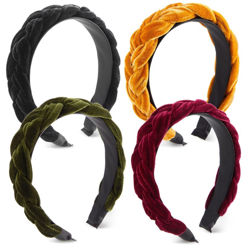 Glamlily 4 Pack Velvet Braided Headbands for Women, Wide, Non-Slip Padded Hair Accessories (4 Colors), 1 of 11