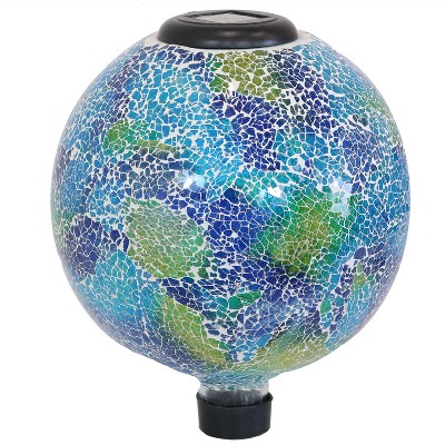 Sunnydaze Crackled Glass Azul Terra Design Indoor/Outdoor Garden Gazing Globe with LED Solar Light - 10" Diameter - Blue and Green