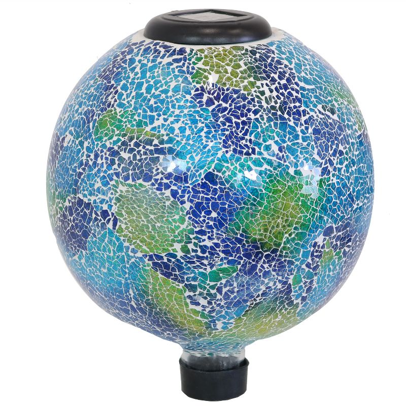 Sunnydaze Crackled Glass Azul Terra Design Indoor/Outdoor Garden Gazing Globe with LED Solar Light - 10" Diameter - Blue and Green, 1 of 10