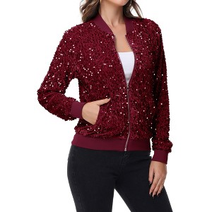 Anna-Kaci Women's Sequin Bomber Jacket Zip Front Ribbed Cuffs and Hem Pockets - 1 of 4