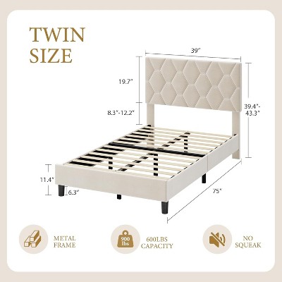 Homhougo Twin Size Platform Bed Frame with Upholstered Headboard and Wooden Slats Support Upholstered Mattress Foundation/No Box Spring Beige