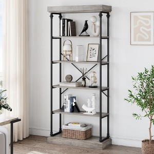 ODK 6 Tier Bookshelf, Industrial Bookcase Wood, Tall Standing Bookshelves, Rustic Vintage Display Rack, Large Storage Shelf for Living Room, Office - 1 of 4