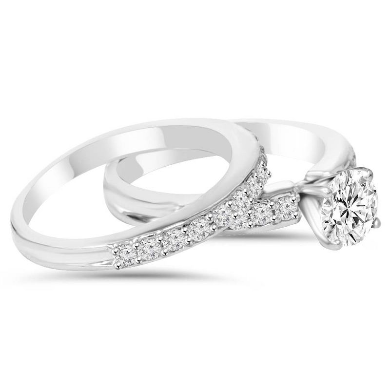 Pompeii3 1 carat Genuine Diamond Engagement Matching Wedding Ring Set 14K White Gold, 2 of 5