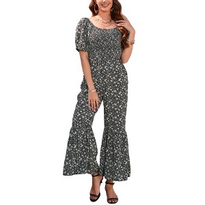 Whizmax Women's Summer Smocked Jumpsuits Casual Square Neck Short Sleeve High Waist Wide Leg Rompers with Pockets - 1 of 4