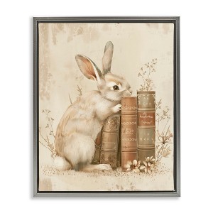 Stupell Industries Neutral Rabbit & Books Floating Frame Canvas Art - 1 of 4