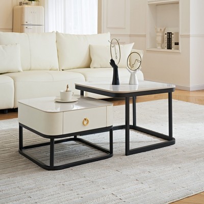 Modern Marble Nesting Coffee Table Set, Round Stacking Tables with Metal Frame, Black