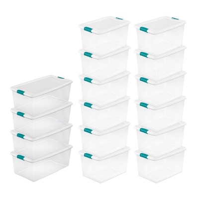 Sterilite 64 Qt Latching Storage Box, Stackable Bin with Latch Lid, Plastic  Container to Organize Clothes in Closet, Clear with White Lid, 12-Pack