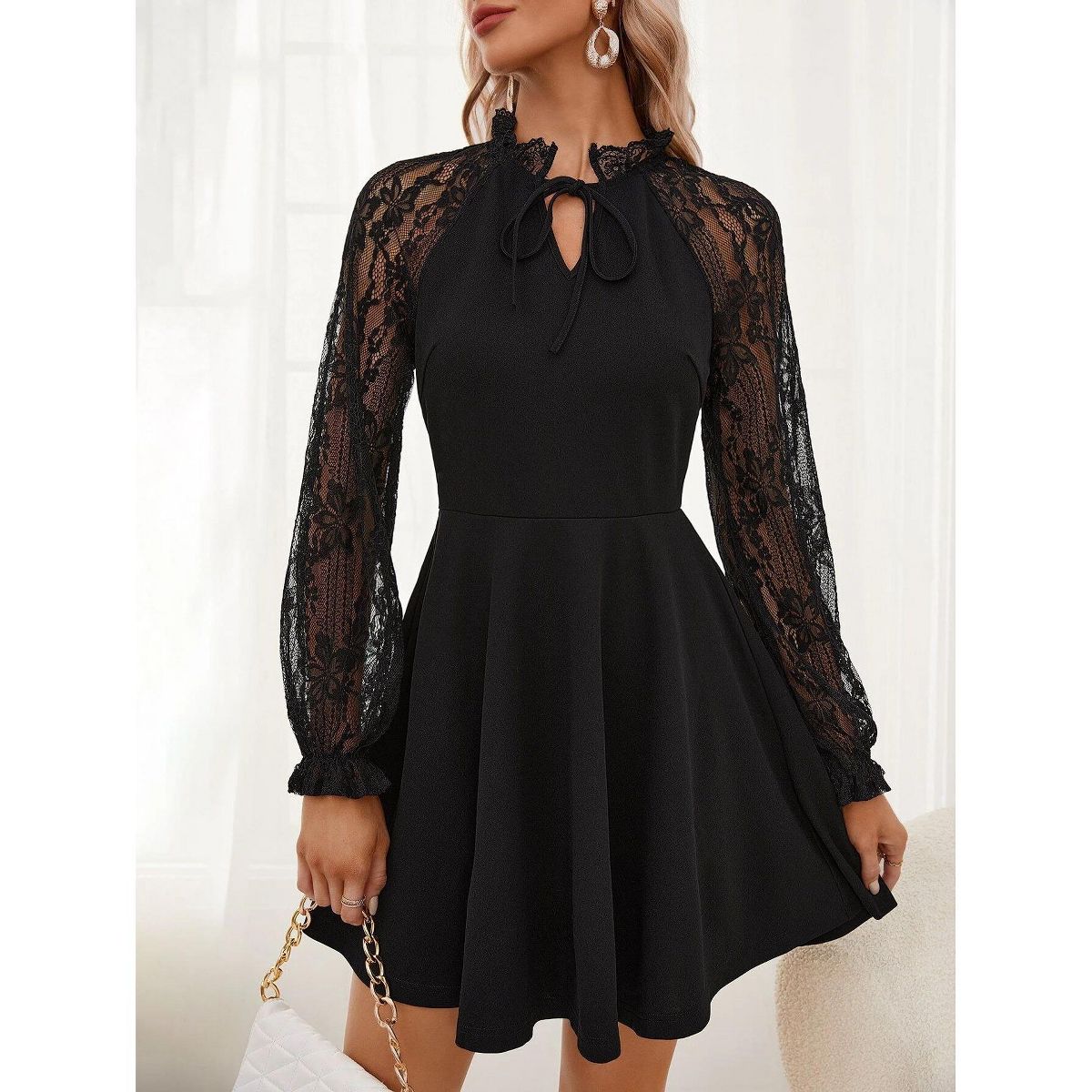 Womens Skater Lace Dress with Lace Sleeve Ruffle Neck Lace Cocktail Dress Wedding Guest Party Dress Summer A-Line Mini Dress Flared Dress - thumbnail 5