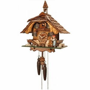 One Day Cuckoo Clock Chalet 14.5" – Lady Rings Bell, Hand-Carved Trees, Dog & Bunny By River City Clocks - 1 of 3