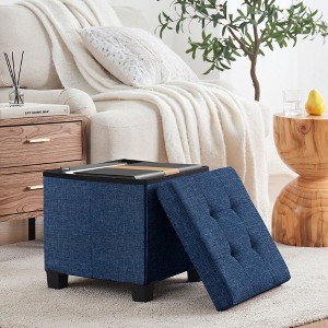 Ornavo Home Foldable Tufted 15 Inch Square Linen Storage Ottoman with Legs - 1 of 4