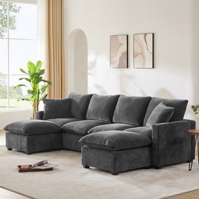 MYINDA Modern U Shape Modular Sofa, 6 Seat Chenille Sectional Couch Set with 2 Pillows for Living Room, BLACK