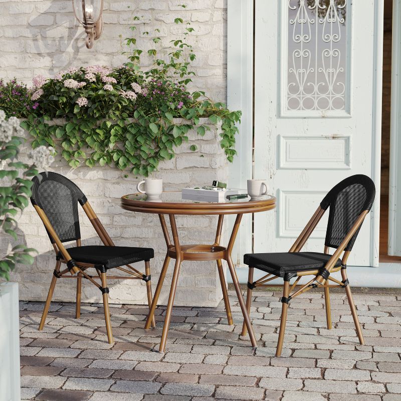 Flash Furniture Marseille Indoor/Outdoor Commercial French Bistro 31.5" Table, Textilene, Glass Top with 2 Stack Chairs, 3 of 11