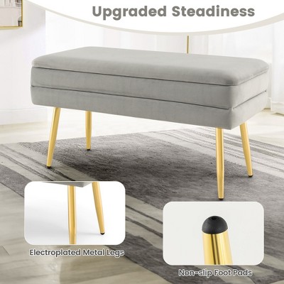 Grey Velvet Upholstered Storage Bench with Gold Metal Legs