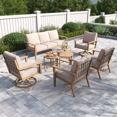 Captiva Designs 7PC Outdoor Patio Cross-Band Back Conversation Set with Thick Cushions for Deck, Garden, or Poolside
