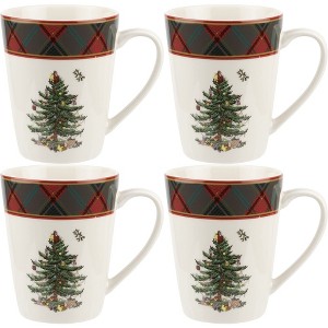 Spode Christmas Tree Tartan Mugs (Set of 4) - 14 Ounce Festive Holiday Coffee Cups - Porcelain Mugs with Tartan Border, Dishwasher & Microwave Safe, - 1 of 4