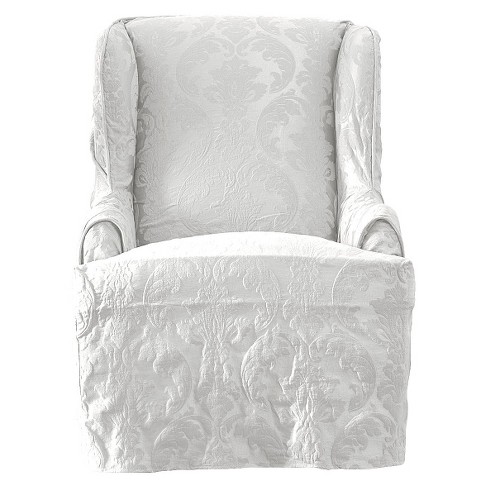 Matelasse Damask Wing Chair Slipcover White Sure Fit