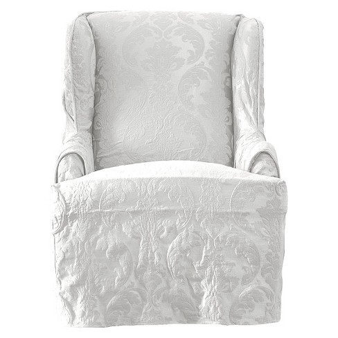 Matelasse Damask Wing Chair Slipcover White - Sure Fit - image 1 of 3