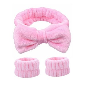 Anna-Kaci Plush Bow Spa Headband and Wristband Set for Face Washing and Skincare - Pink - 1 of 4