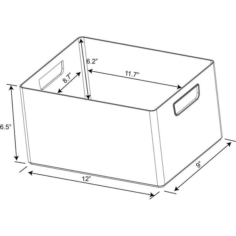 A diagram of a rectangular bathroom tray with dimensions labeled as 12 inches by 9 inches by 6.5 inches, featuring cut-out handles on the sides.
