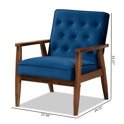 Navy Blue Velvet and Walnut Wooden Accent Chair