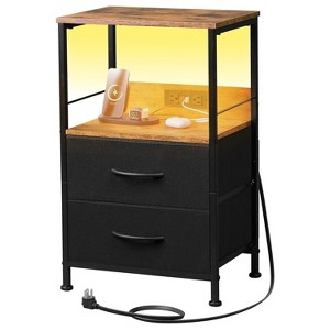 NightStand with Charging Station, LED Bedside Table with 2 Fabric Drawers, Storage Shelf, 3 USB Ports and 2 Outlets - 1 of 4