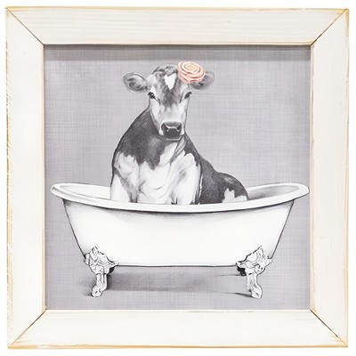 Slickblue Black and White Cow Print in Clawfoot Tub – Bathing Bertha, Distressed White Frame, Ready to Hang