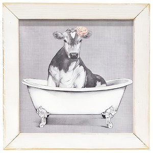 Slickblue Black and White Cow Print in Clawfoot Tub – Bathing Bertha, Distressed White Frame, Ready to Hang - 1 of 3