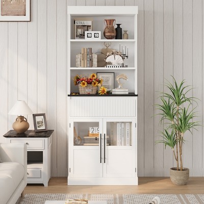 70" Tall Kitchen Pantry Cabinet & Bookcase ¨C Open Shelves, Fluted Drawer & Glass Doors for Kitchen or Living Room