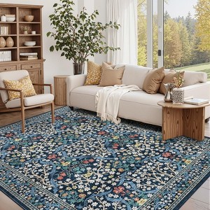 Washable Rug 6x9 Blue Farmhouse Floral Carpet, Soft Thin Low Pile, Non Slip Rubber Backing, Foldable Non Shedding Rug for Living Room Bedroom - 1 of 4