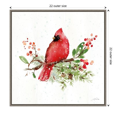 Red Bird and Greenery Christmas Canvas Wall Art in Grey Frame