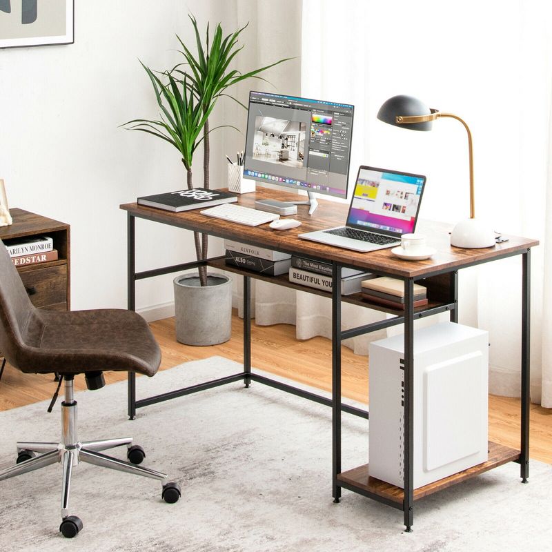 Costway 55'' Computer Desk Home Office PC Workstation w/ Power Outlets & USB Ports Rustic / Black, 2 of 11