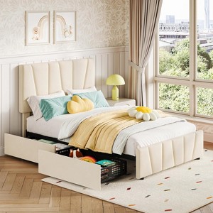 Twin Bed Frame with Adjustable Headboard, 2 Storage Drawers & Wood Slats, Velvet Upholstered, No Box Spring Needed, Beige - 1 of 4