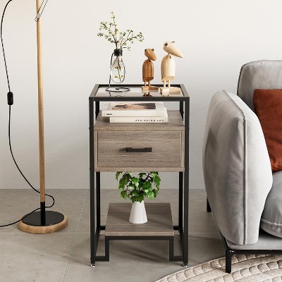 2PCS Nightstands, Beside Table with Storage Drawer and 3-Tier Storage，Small End Table with Steel Frame and Tempered Glass Top