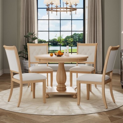 NicBex Round Dining Table Set for 4 Rustic Dining Room Table with MDF Tabletop, 4 Padded Chairs and Pedestal Base for Kitchen