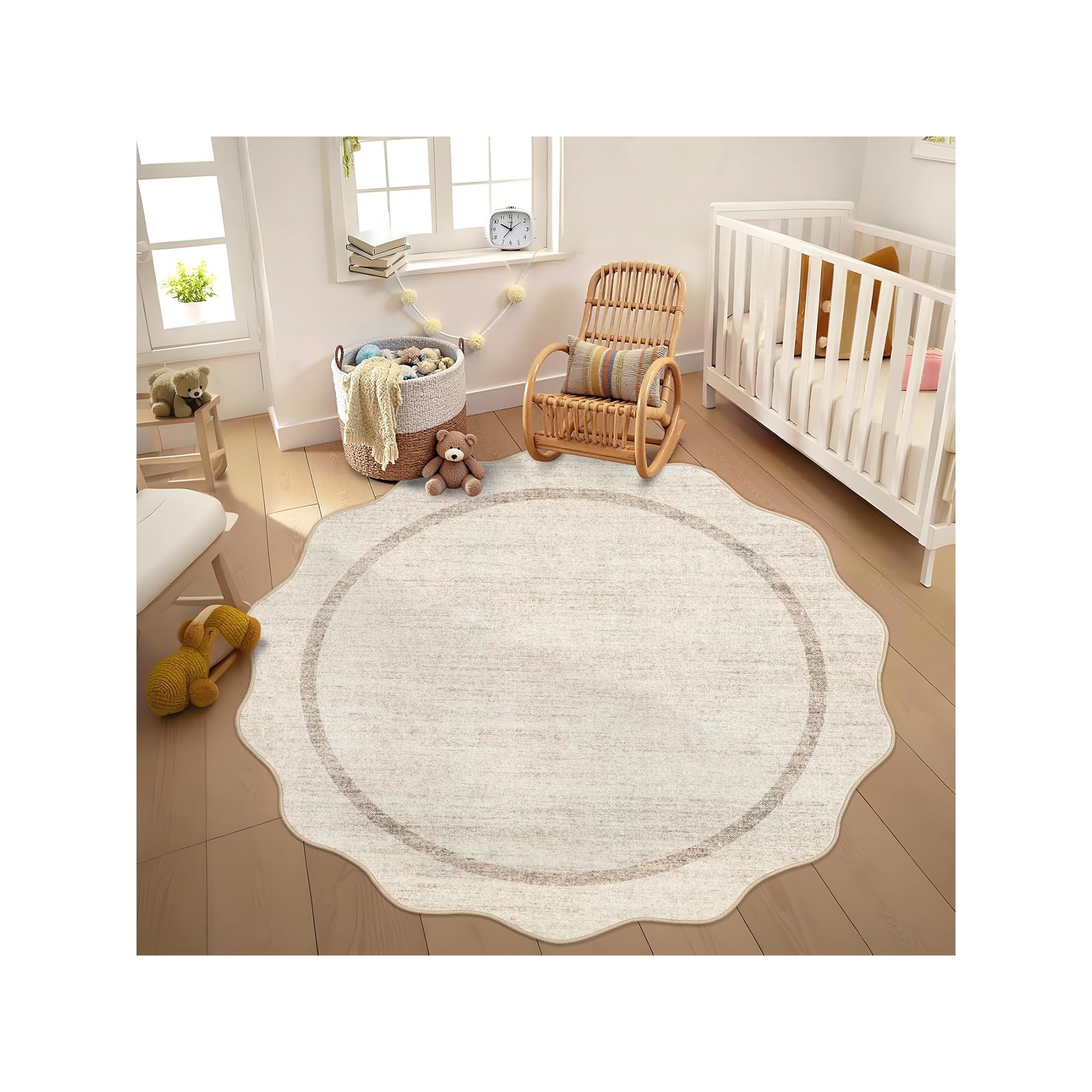 Acekool Charlotte Bordered Washable Round Rug Non Slip Soft Low Pile for Bedroom Beige 4ft