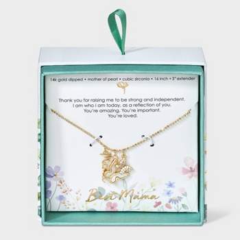 14k Gold Dipped "Mama" Mother Of Pearl Inlay Butterfly and Cubic Zirconia Charm Pendant Necklace - Gold