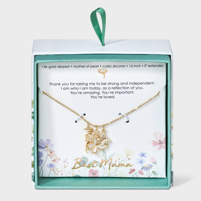 14k Gold Dipped &#34;Mama&#34; Mother Of Pearl Inlay Butterfly and Cubic Zirconia Charm Pendant Necklace - Gold, 1 of 5