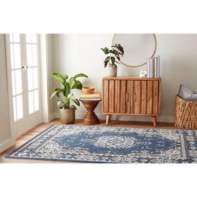 Midnight Blue and Ivory Synthetic Traditional Area Rug
