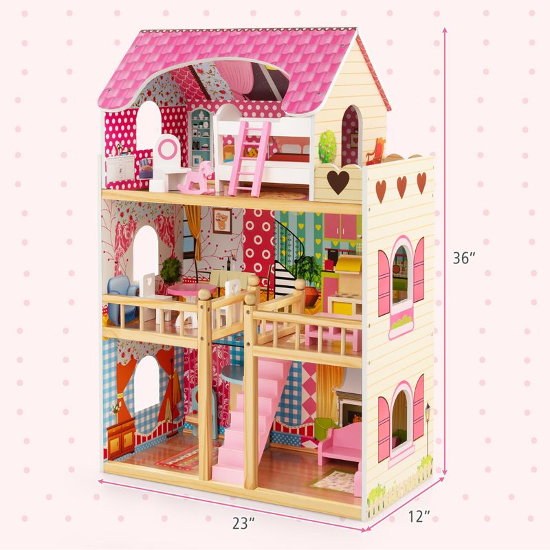 Costway Wooden Dollhouse for Kids Doll House Playset with 3 Stories 6 Simulated Rooms & 15 Pieces of Furniture, 4 of 10