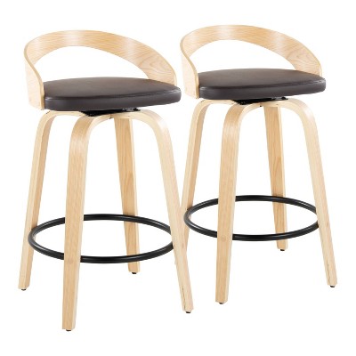Set of 2 Grotto Counter Height Barstools Natural/Black/Brown - LumiSource: Upholstered Swivel Kitchen Stools, Wood Legs