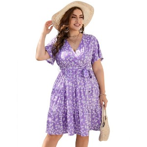 Women Plus Size V Neck Wrap Dress High Waist Short Sleeve Ruffle Casual Summer Midi Dress with Belt,purple flower,4XL - 1 of 4