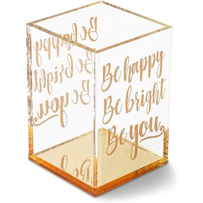 Paper Junkie Gold & Clear Acrylic Pencil Cup Pen Holder with Inspirational Quotes (2.95 x 4.45 In)