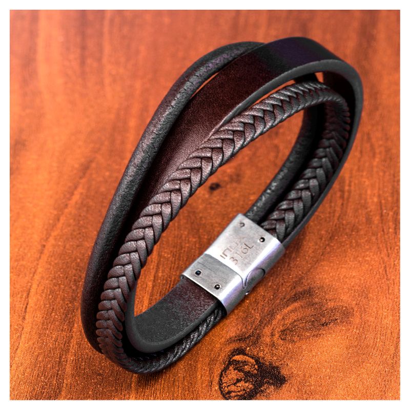 Men&#39;s Steel Art Brown Braid and Layered Leather with Stainless Steel Clasp Wrap Bracelet (8.75&#34;), 3 of 4